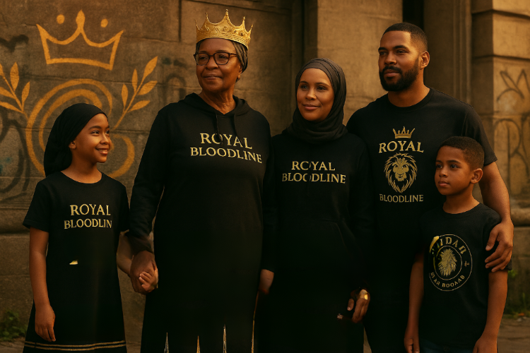 Family wearing 'Royal Bloodline' shirts in front of a decorative wall with a crown design.