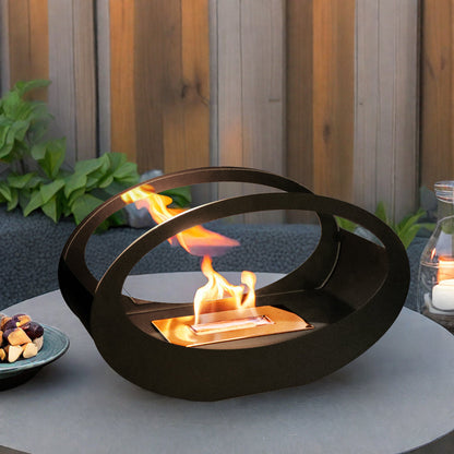 16x9.5 Inch Black Metal Tabletop Fireplace | Double Sided Oval Bio-Ethanol Fire Bowl for Indoor/Outdoor