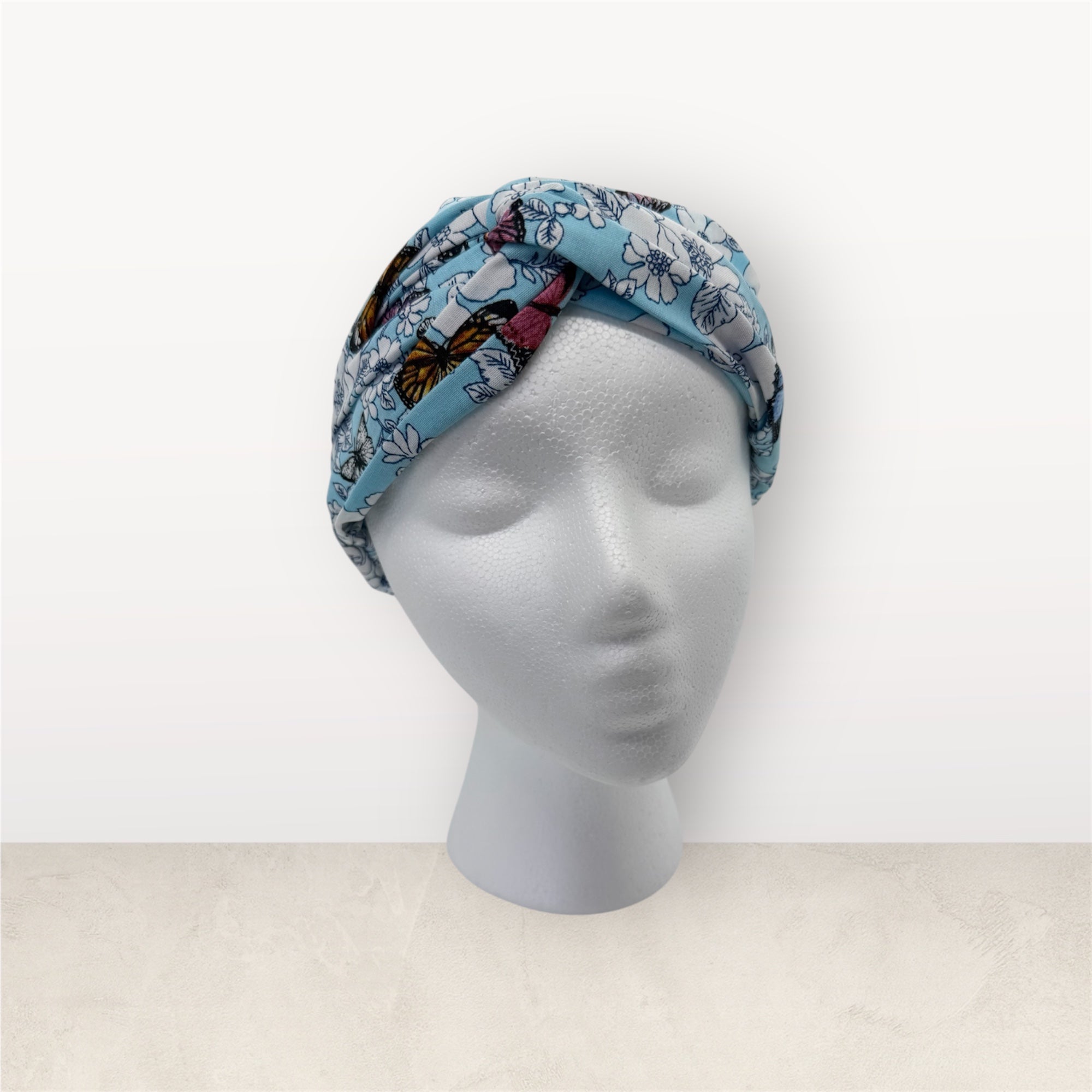 Cotton Twist Headband - Blue Butterfly Floral Pattern