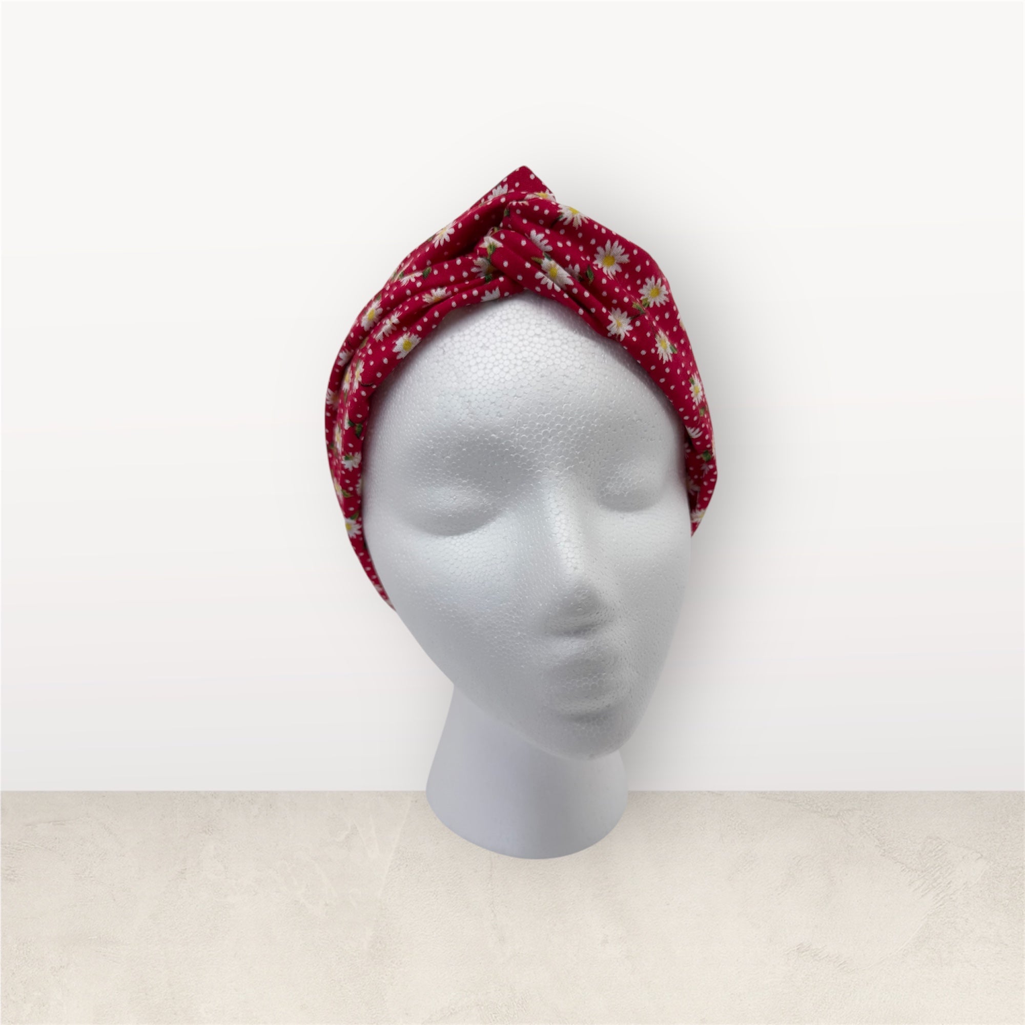 Cotton Twist Headband - Red With Daisies Pattern
