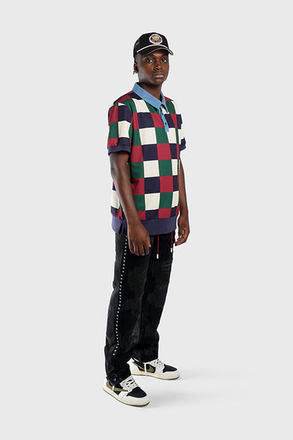 Denim Collar Checkered Polo