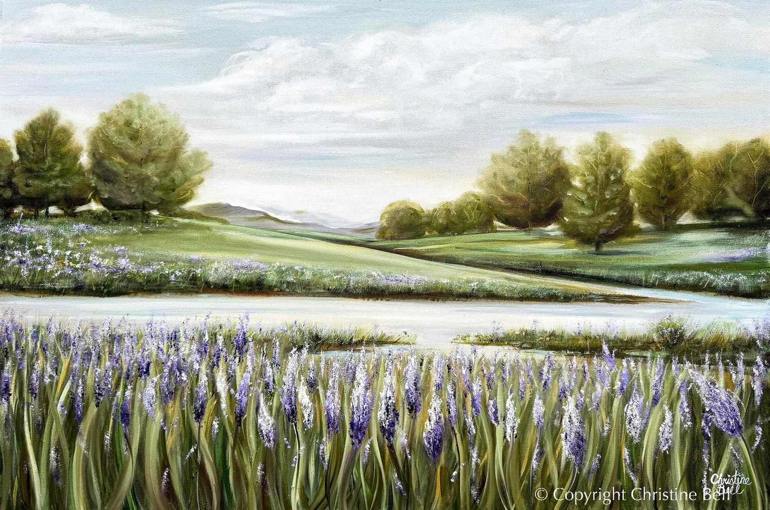 "Beyond the Lupine Meadow" GICLEE PRINT Floral Landscape Painting, Lavender Flowers, River, Trees