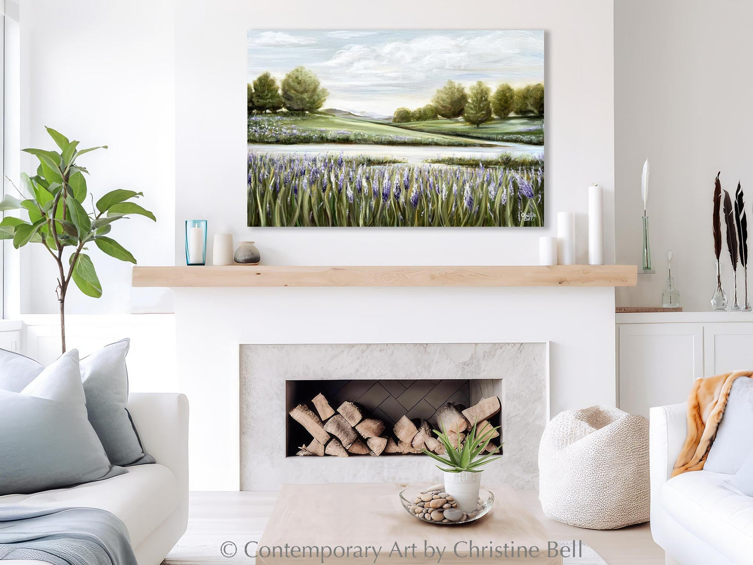 "Beyond the Lupine Meadow" GICLEE PRINT Floral Landscape Painting, Lavender Flowers, River, Trees