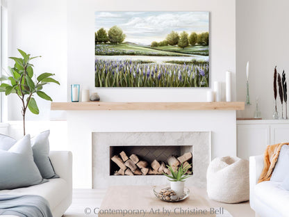 "Beyond the Lupine Meadow" GICLEE PRINT Floral Landscape Painting, Lavender Flowers, River, Trees
