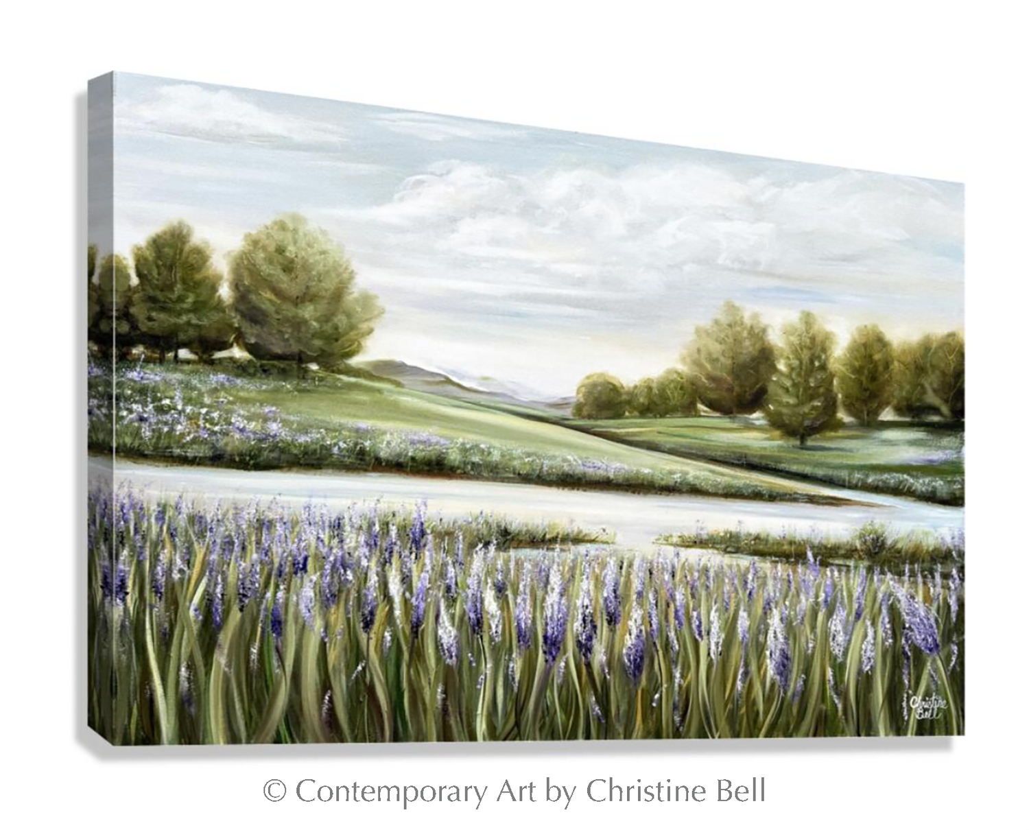 "Beyond the Lupine Meadow" GICLEE PRINT Floral Landscape Painting, Lavender Flowers, River, Trees