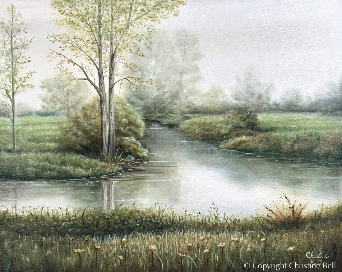 "Where Time Stands Still" GICLÉE PRINT Landscape Oil Painting, Autumn Trees, Meadow, Reflections Water