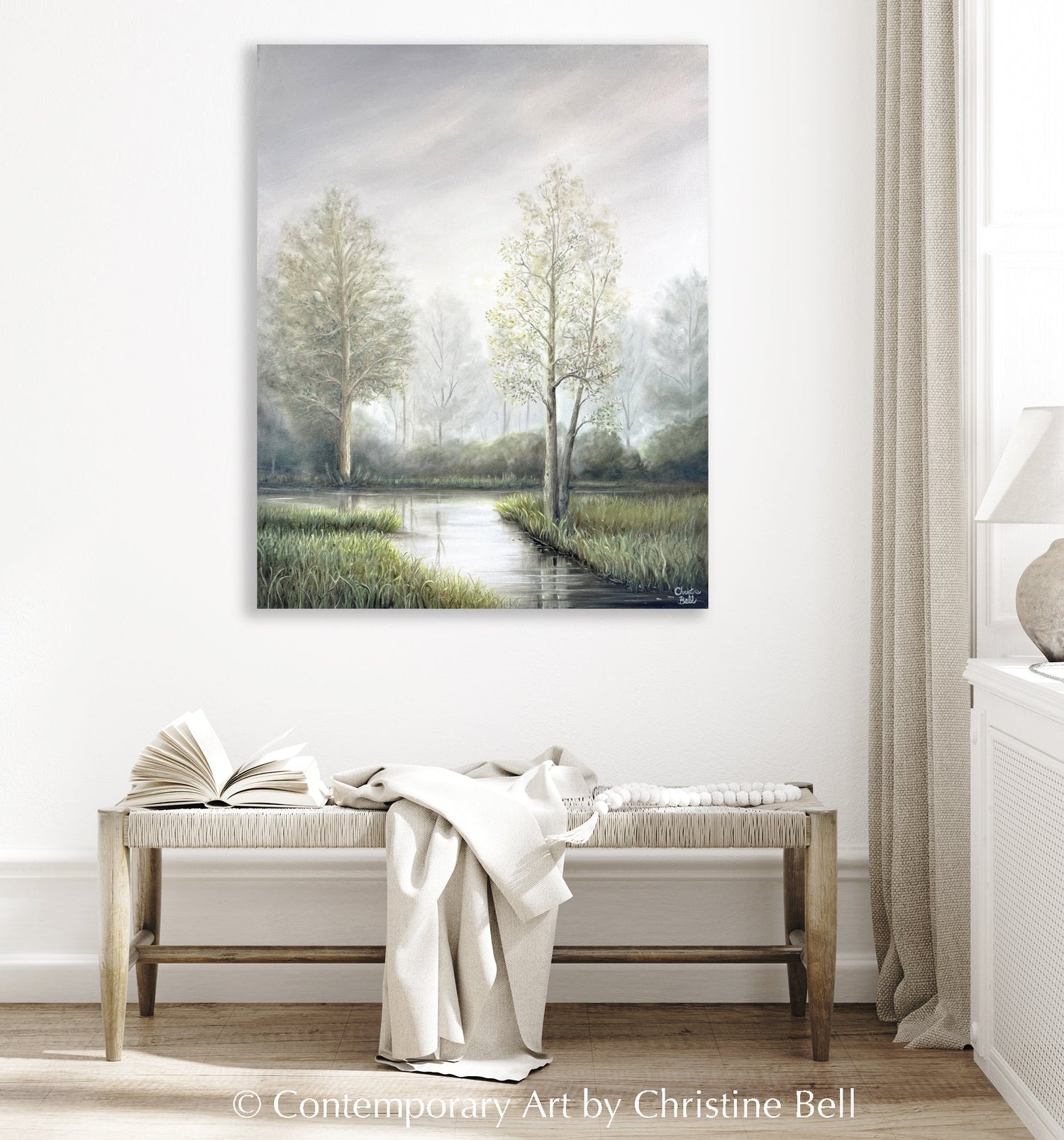 "Silent Solitude" GICLÉE PRINT Landscape Oil Painting, Misty Trees, Meadow, Stream