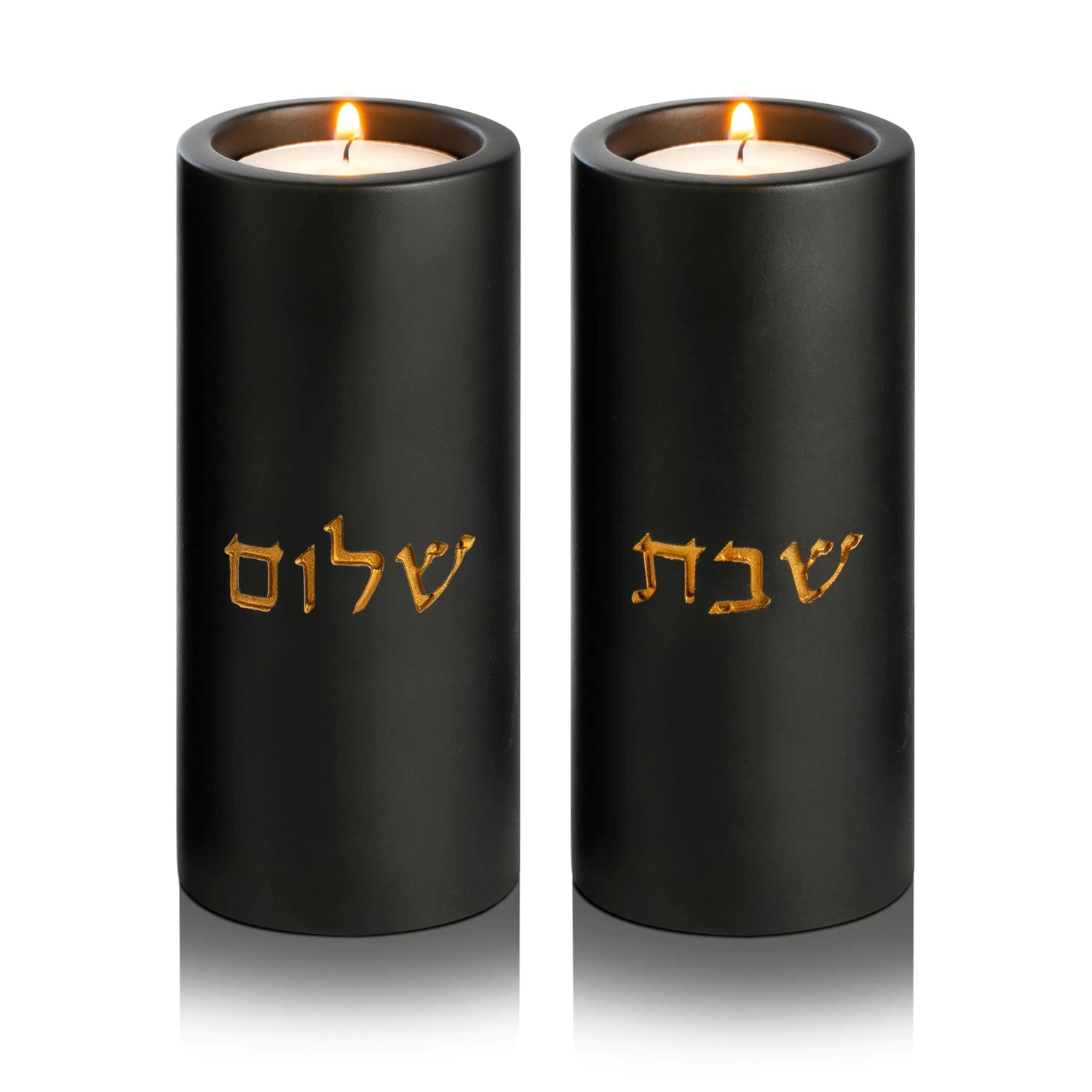 SURI Black Concrete Shabbat Candle Holder Set with Gold Writing | Modern Judaica Gift