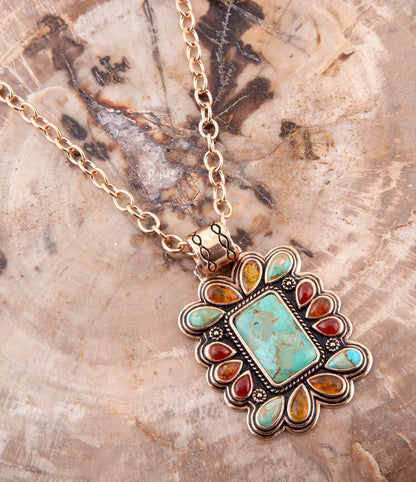 Blue Turquoise and Red Carnelian Copper Pendant Necklace