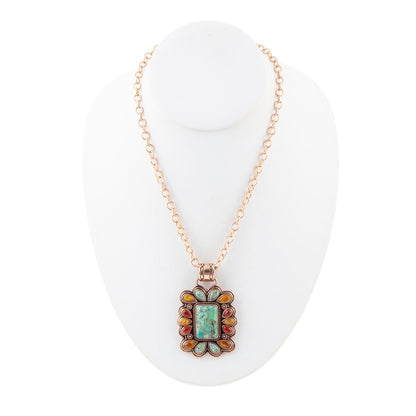 Blue Turquoise and Red Carnelian Copper Pendant Necklace
