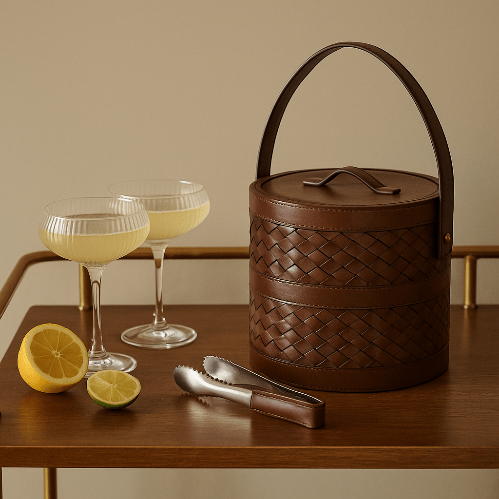 Canton Woven Leather Ice bucket and Tons - Set of 2