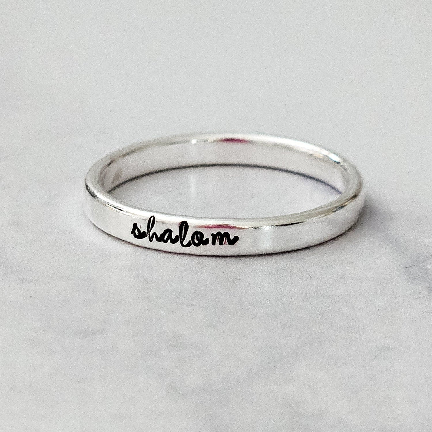 Shalom Sterling Silver Band Ring In English or Hebrew