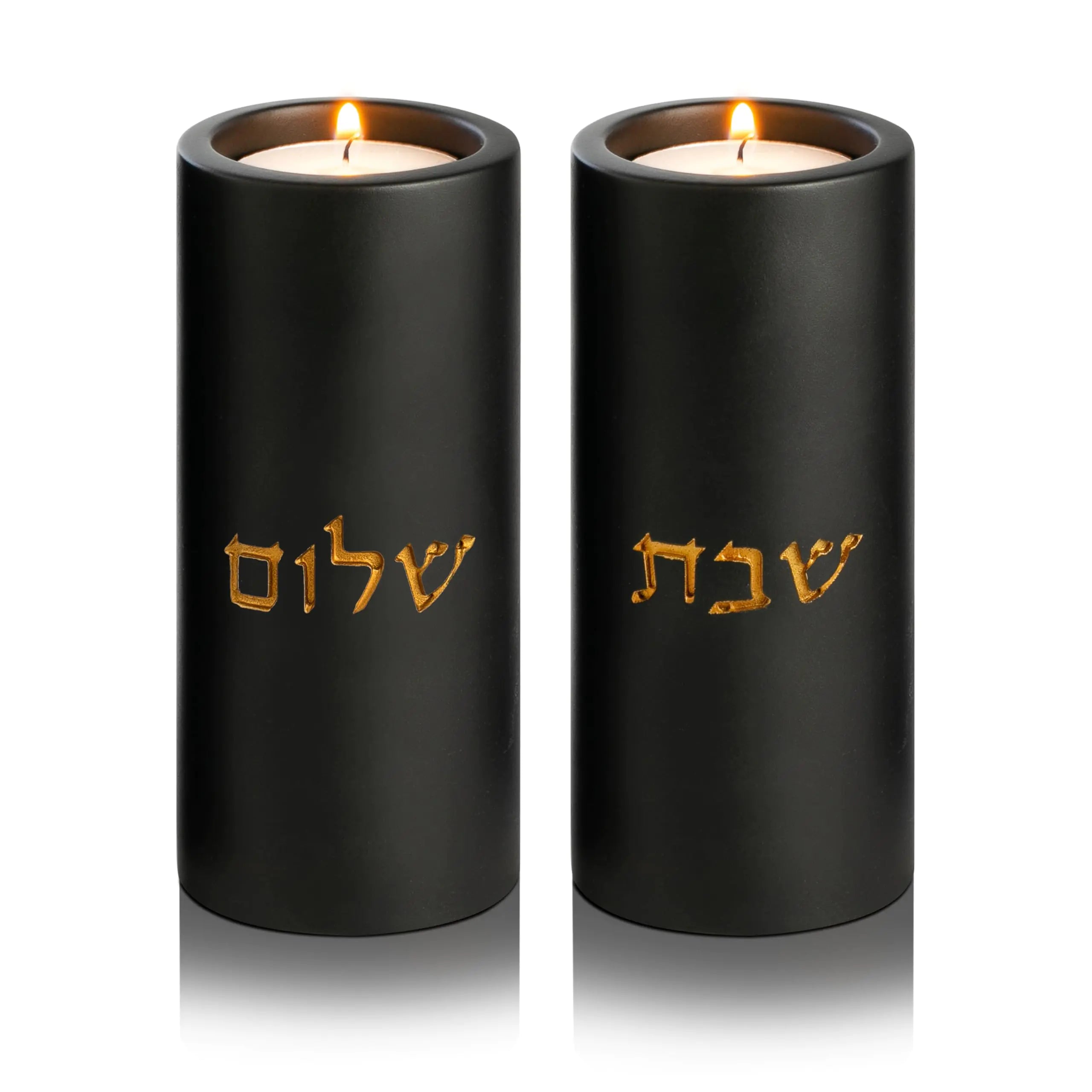 SURI Black Concrete Shabbat Candle Holder Set with Gold Writing | Modern Judaica Gift