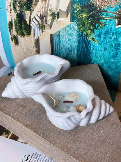 Zebulun Ocean’s Whisper Candle in Jesmonite Shell – Coastal Calm at Home